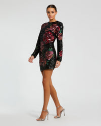 Mac Duggal #6261 black multi floral sequin mini dress side