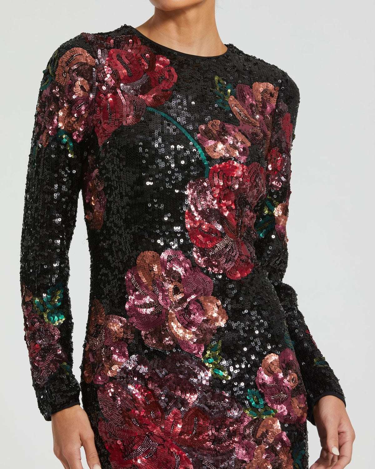 Mac Duggal #6261 black multi floral sequin close-up