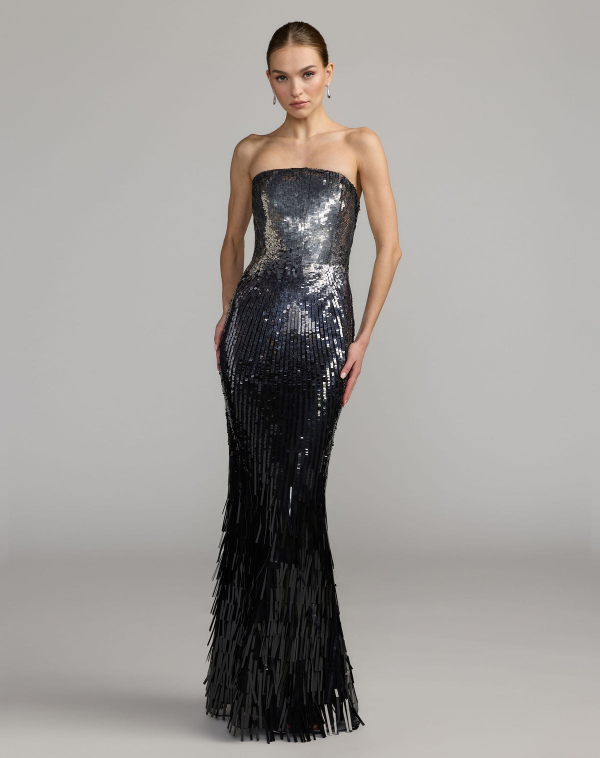 Mac Duggal #6265 silver black ombre sequin strapless fringe gown