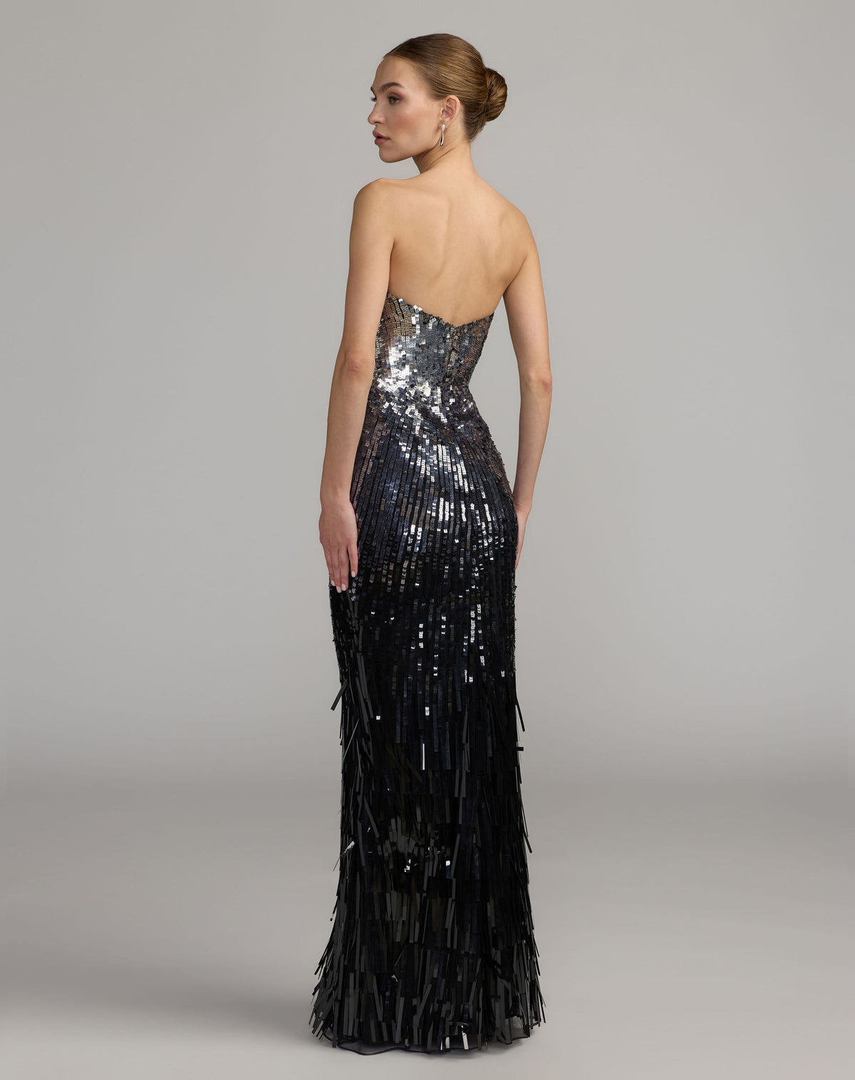 Mac Duggal #6265 silver black ombre sequin strapless fringe gown back view