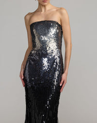 Mac Duggal #6265 silver black ombre sequin strapless fringe gown close-up
