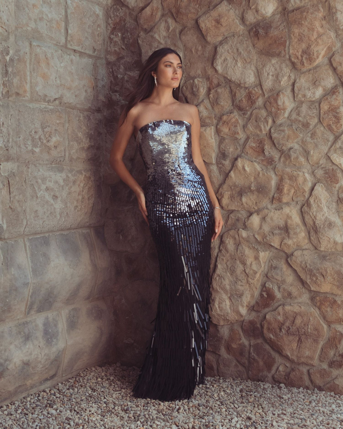 Mac Duggal #6265 silver black ombre sequin strapless fringe gown lifestyle
