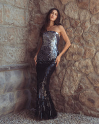 Mac Duggal #6265 silver black ombre sequin strapless fringe gown lifestyle