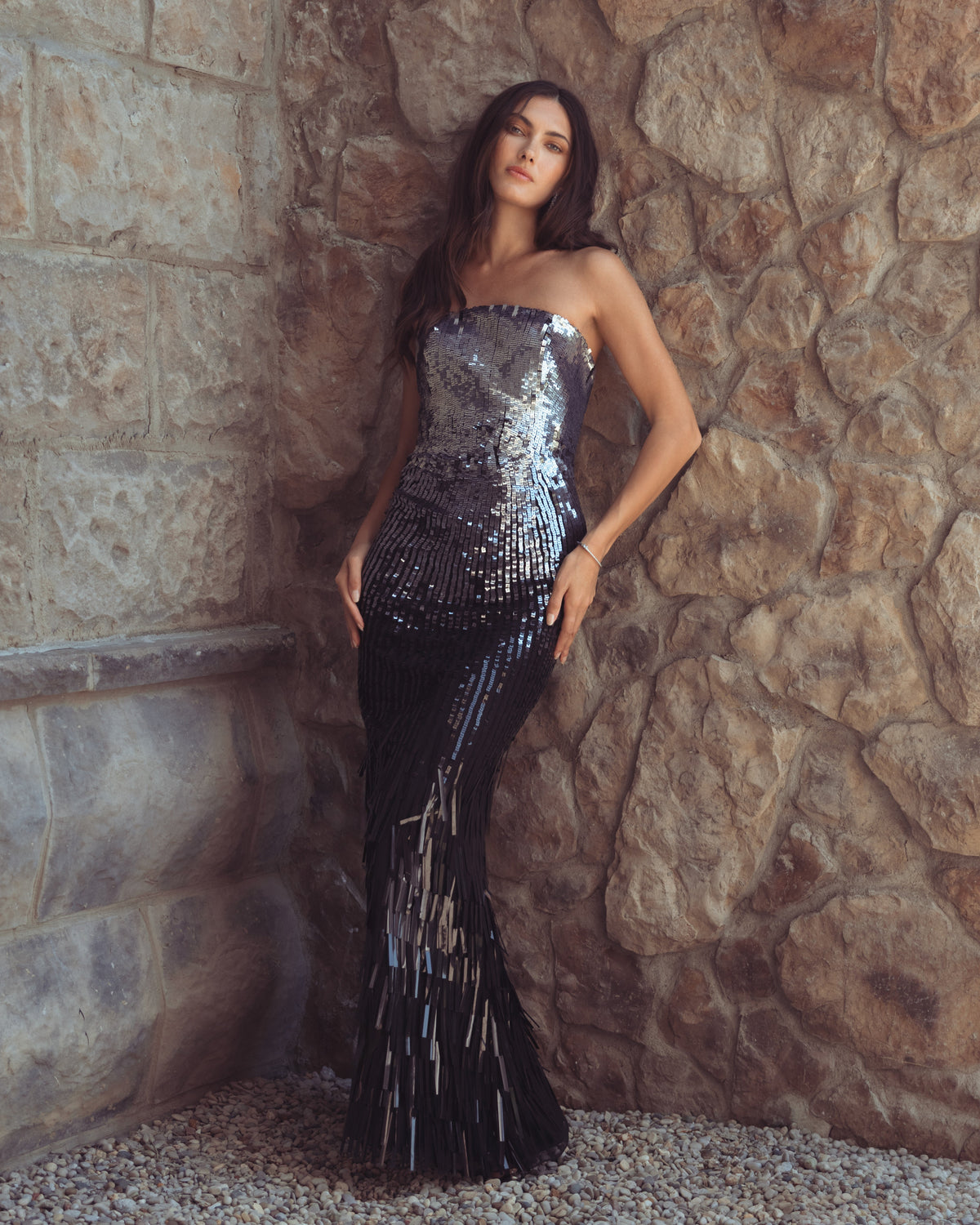 Mac Duggal #6265 silver black ombre sequin strapless fringe gown lifestyle