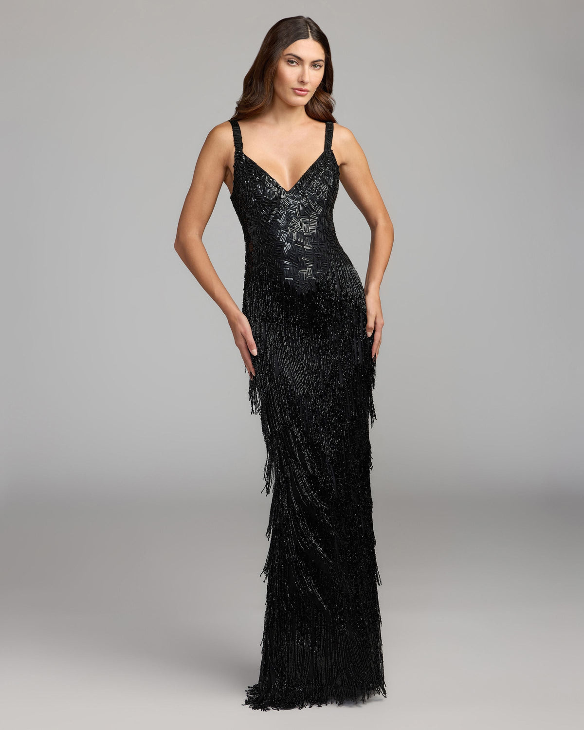 Mac Duggal #6283 black beaded fringe sleeveless gown