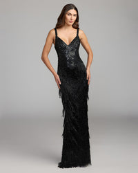 Mac Duggal #6283 black beaded fringe sleeveless gown