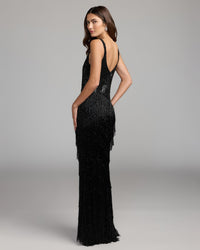 Mac Duggal #6283 black beaded fringe sleeveless gown back