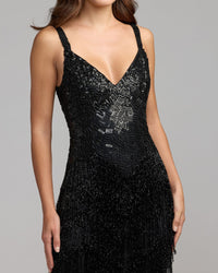 Mac Duggal #6283 black beaded fringe sleeveless gown close-up