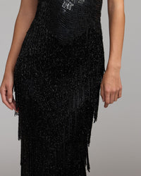 Mac Duggal #6283 black beaded fringe sleeveless gown detail