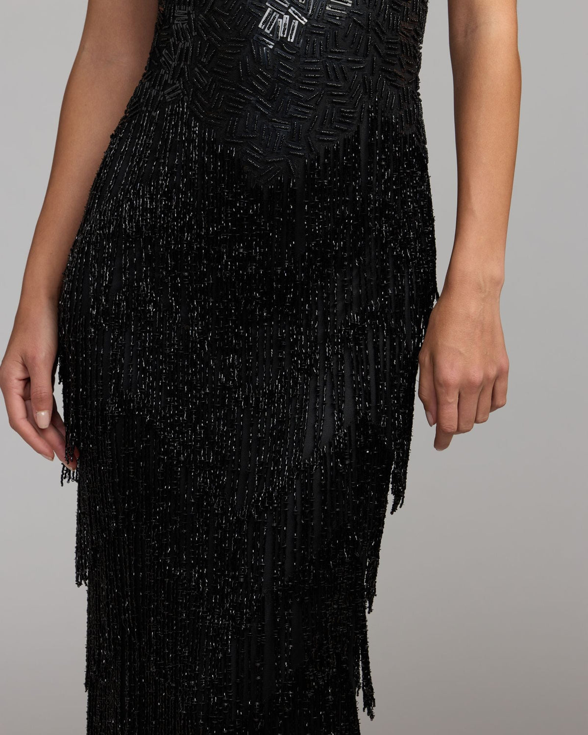 Mac Duggal #6283 black beaded fringe sleeveless gown detail