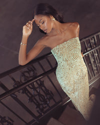 Mac Duggal #6292 golden pearl embellished strapless column gown lifestyle