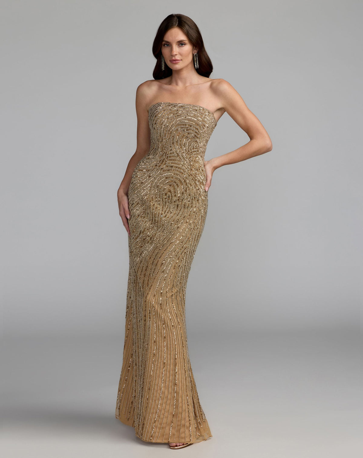 Mac Duggal #6292 golden pearl embellished strapless column gown