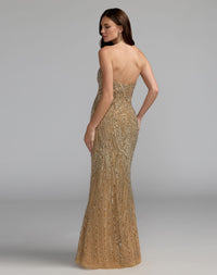 Mac Duggal #6292 golden pearl embellished strapless column gown back view