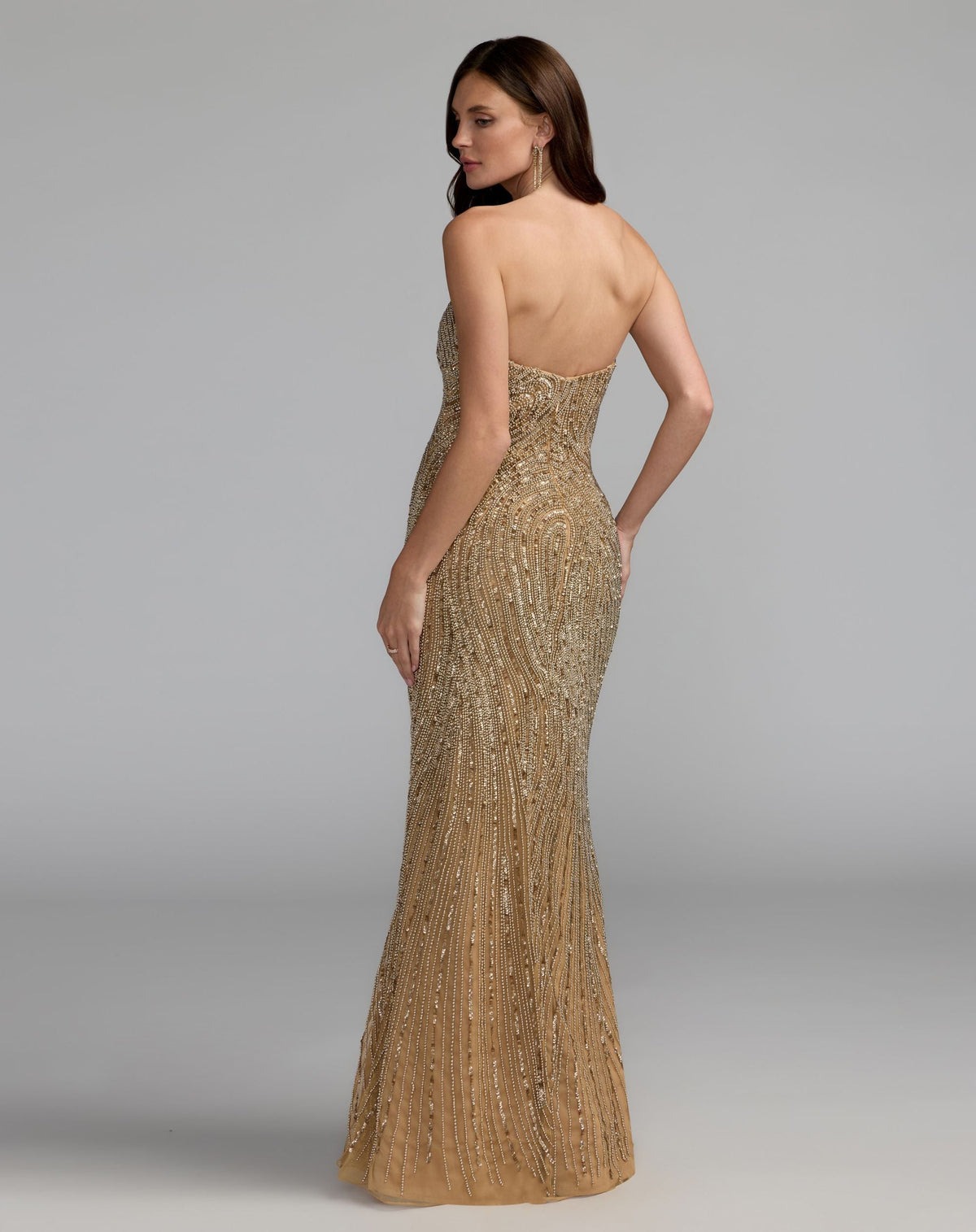Mac Duggal #6292 golden pearl embellished strapless column gown back view