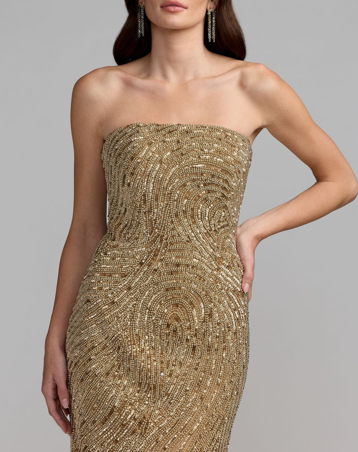 Mac Duggal #6292 golden pearl embellished strapless column gown close-up