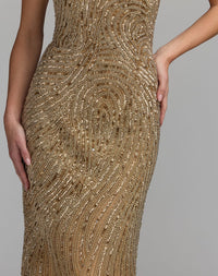 Mac Duggal #6292 golden pearl embellished strapless column gown close-up