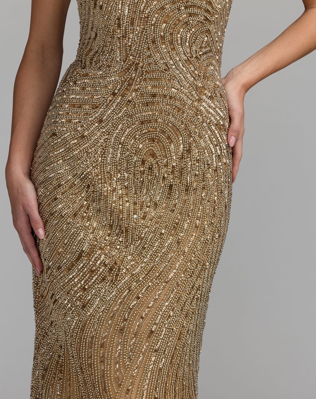 Mac Duggal #6292 golden pearl embellished strapless column gown close-up