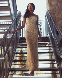 Mac Duggal #6292 golden pearl embellished strapless column gown lifestyle