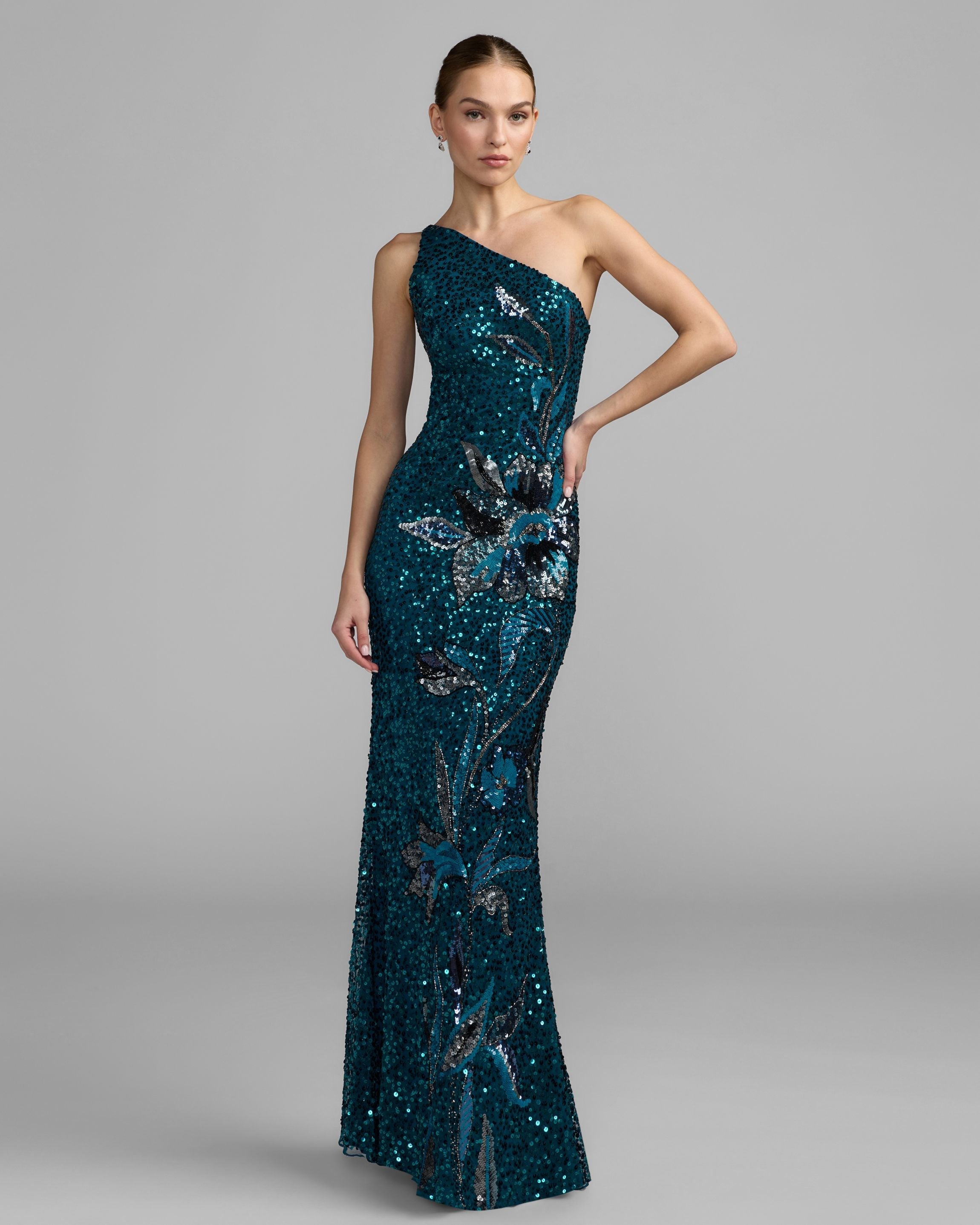 Mac Duggal #6295 teal one shoulder floral sequin gown