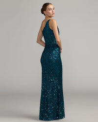 Mac Duggal #6295 teal one shoulder gown back view