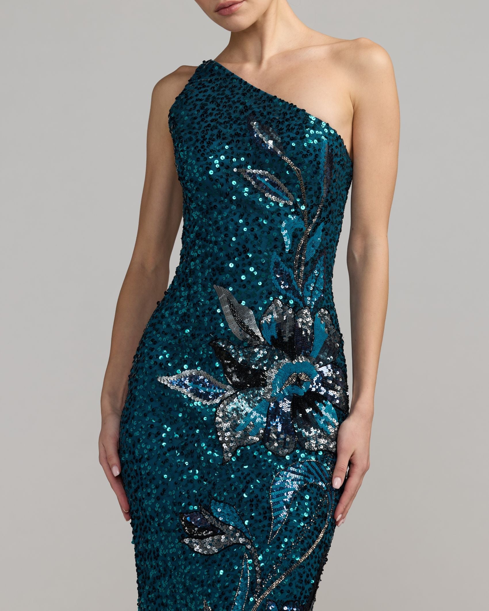 Mac Duggal #6295 teal one shoulder gown detail