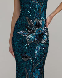 Mac Duggal #6295 teal floral sequin beading close-up