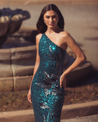 Mac Duggal #6295 teal one shoulder sequin gown lifestyle detail