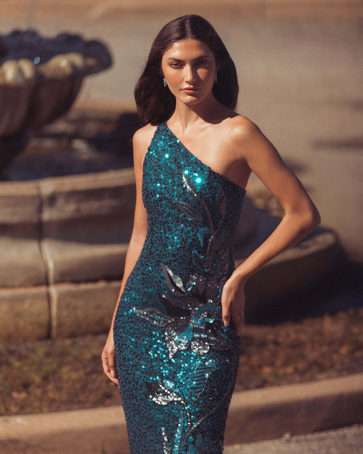 Mac Duggal #6295 teal one shoulder sequin gown lifestyle detail