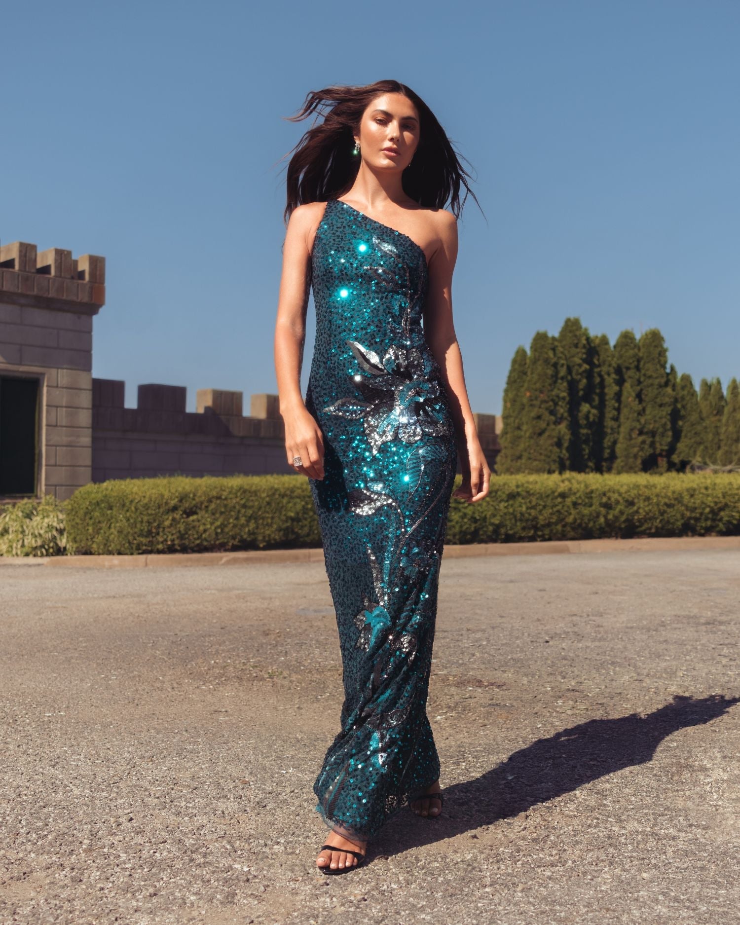 Mac Duggal #6295 teal floral sequin gown lifestyle full length