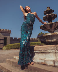 Mac Duggal #6295 teal floral sequin one shoulder gown lifestyle
