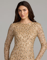 Mac Duggal #6311 nude embellished long sleeve fringe mini dress close-up