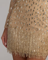Mac Duggal #6311 nude embellished long sleeve fringe mini dress close-up