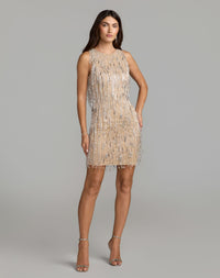 Mac Duggal #6313 nude beaded fringe sleeveless mini dress