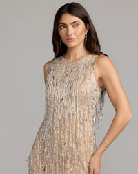 Mac Duggal #6313 nude beaded fringe sleeveless mini dress close-up