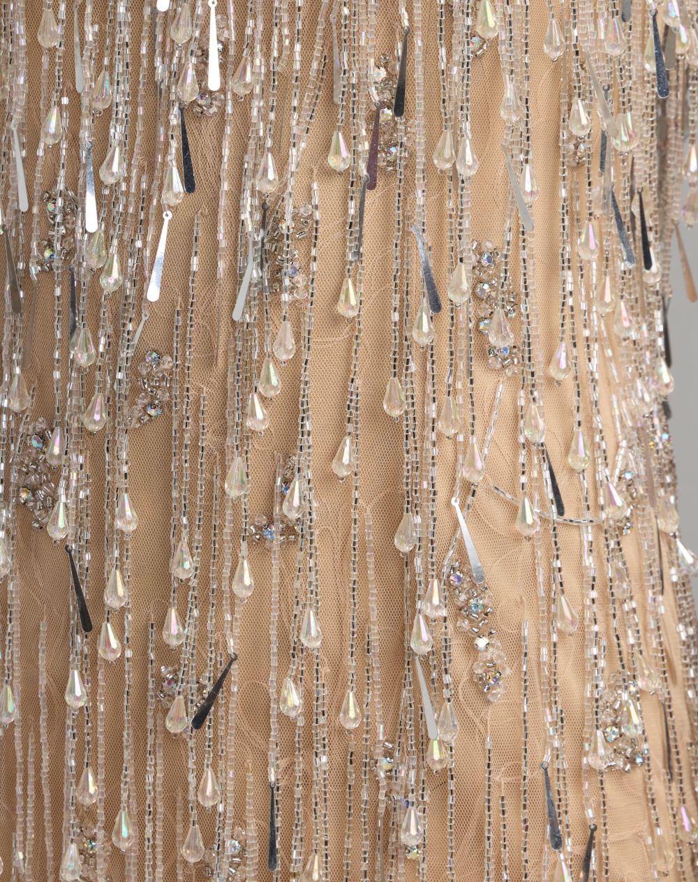 Mac Duggal #6313 nude beaded fringe sleeveless mini dress close-up