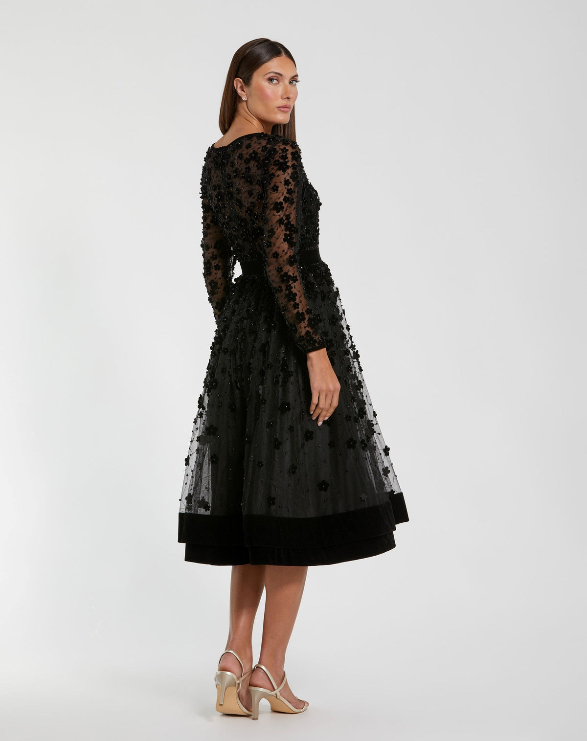 Green Embellished Illusion High Neck Long Sleeve Fit & Flare Dress - Coffee