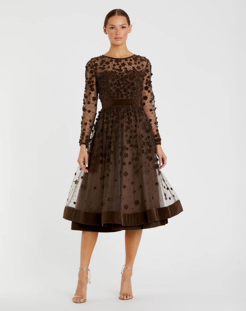 embellished illusion high neck long sleeve fit & flare dress Mac Duggal Blue Embellished Illusion High Neck Long Sleeve Fit & Flare Dress Emerald Green #67007