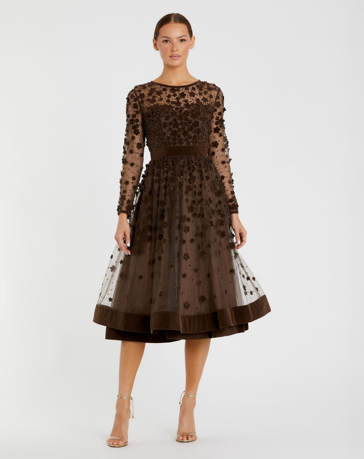 Mac Duggal Blue Embellished Illusion High Neck Long Sleeve Fit & Flare Dress Coffee #67007