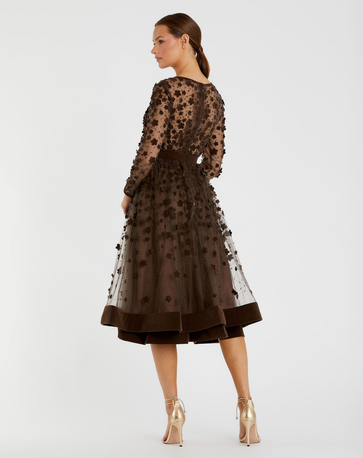Green Embellished Illusion High Neck Long Sleeve Fit & Flare Dress - Coffee