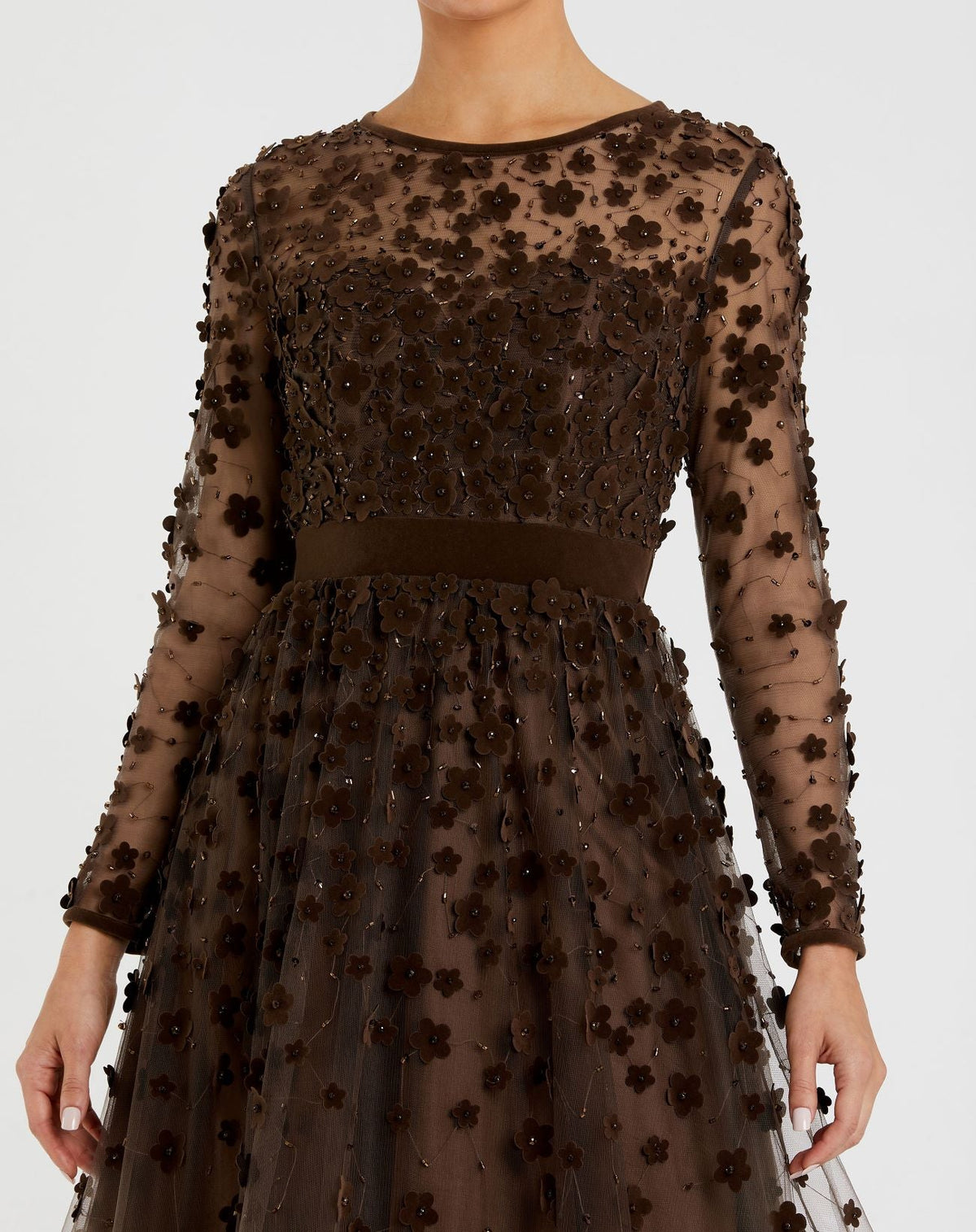 Green Embellished Illusion High Neck Long Sleeve Fit & Flare Dress - Coffee
