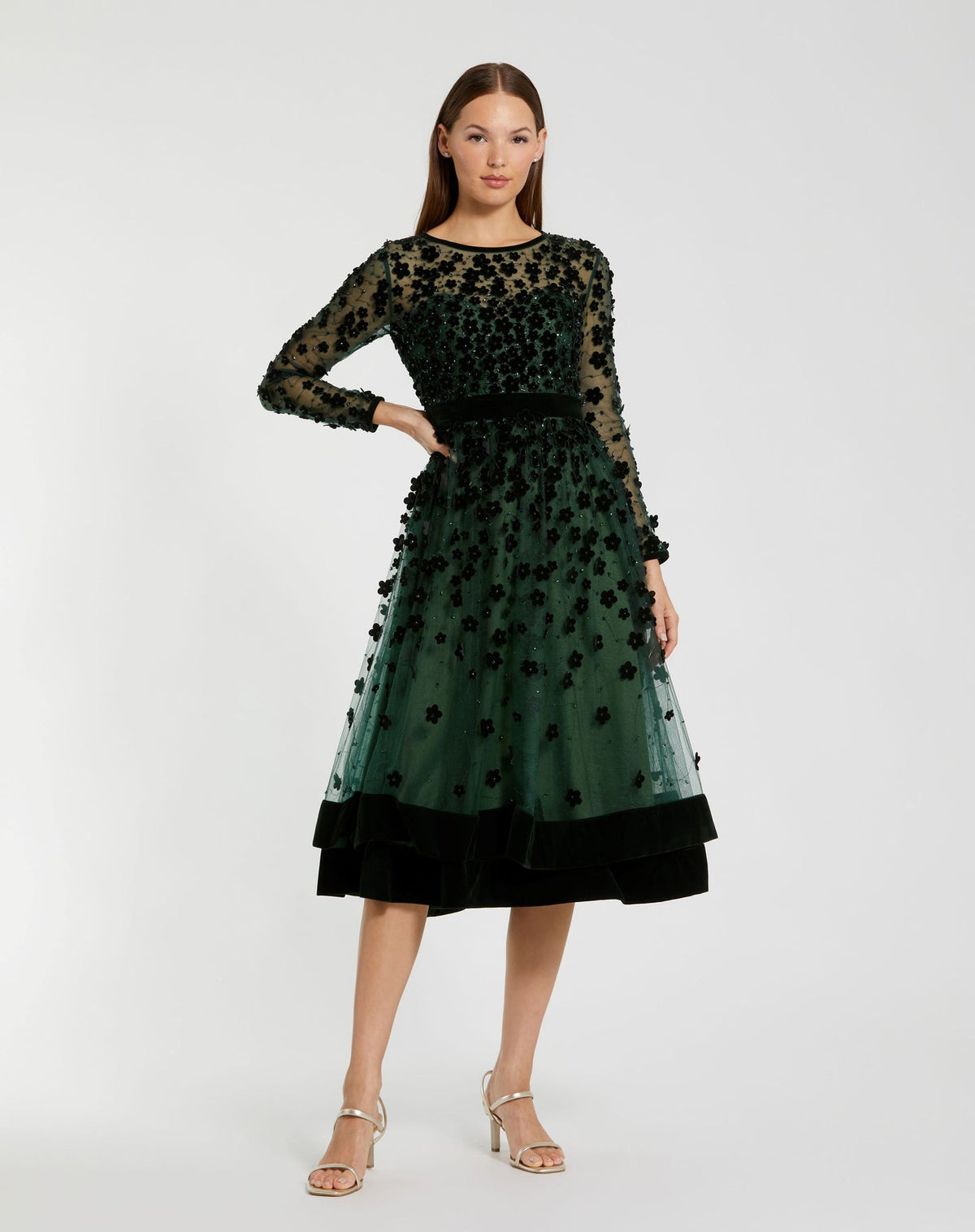 Mac Duggal Blue Embellished Illusion High Neck Long Sleeve Fit & Flare Dress Emerald Green #67007 