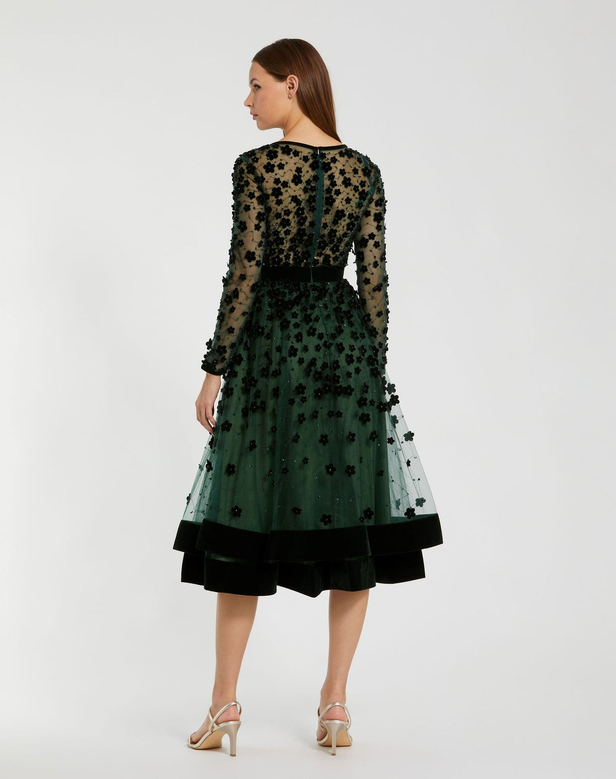 Green Embellished Illusion High Neck Long Sleeve Fit & Flare Dress - Coffee
