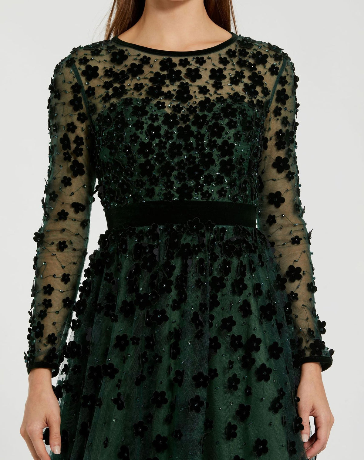 Green Embellished Illusion High Neck Dress - Emerald