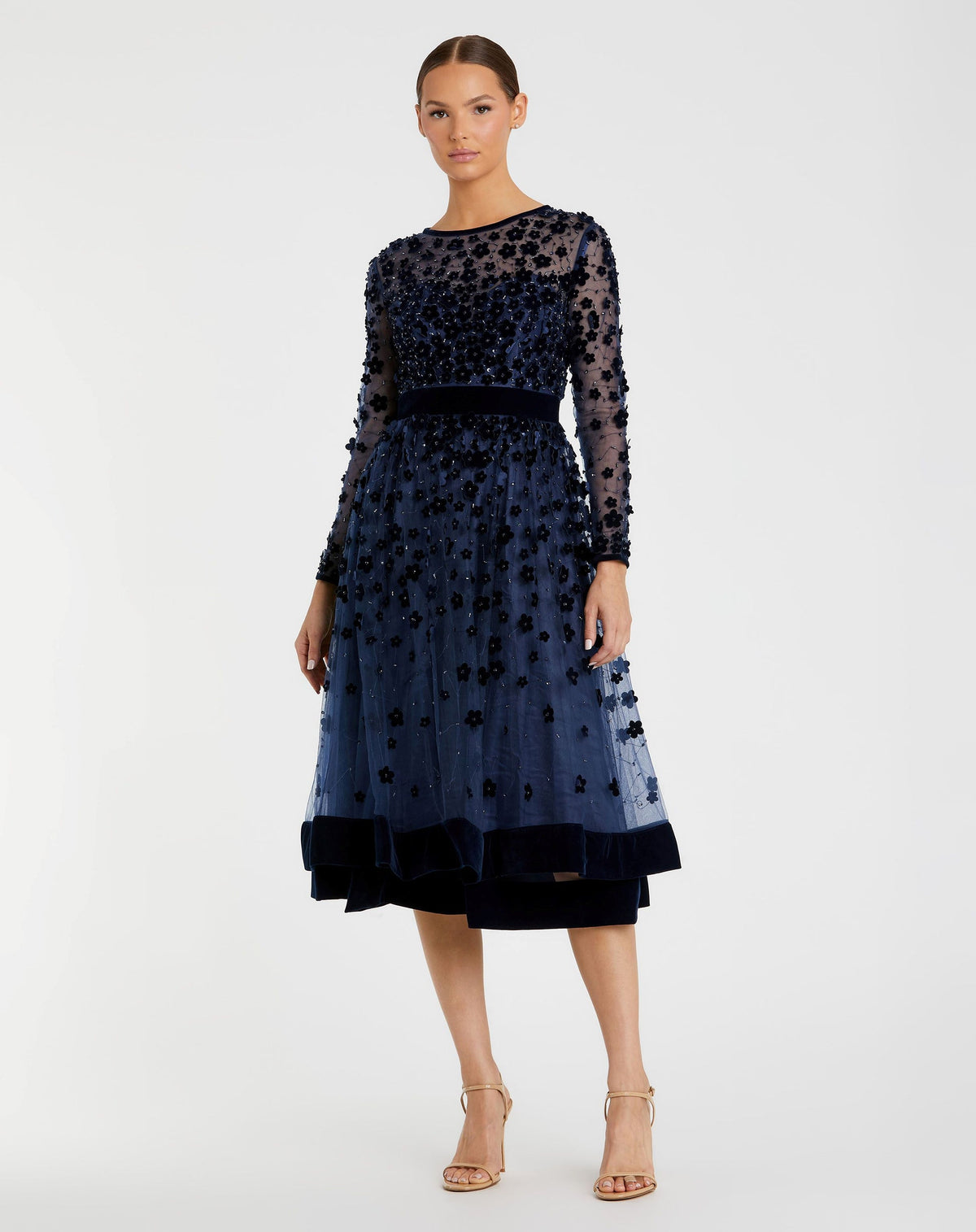 Mac Duggal Blue Embellished Illusion High Neck Long Sleeve Fit & Flare Dress Modest Blue #67007 
