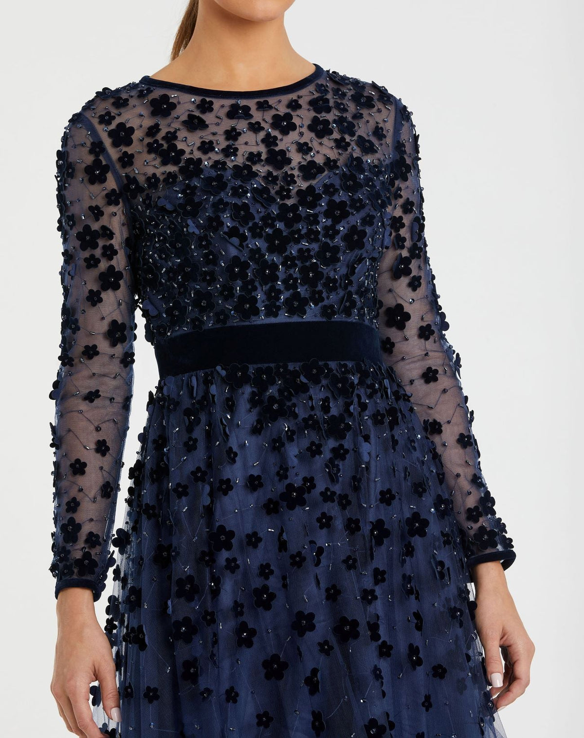 Green Embellished Illusion High Neck Long Sleeve Fit & Flare Dress - Midnight
