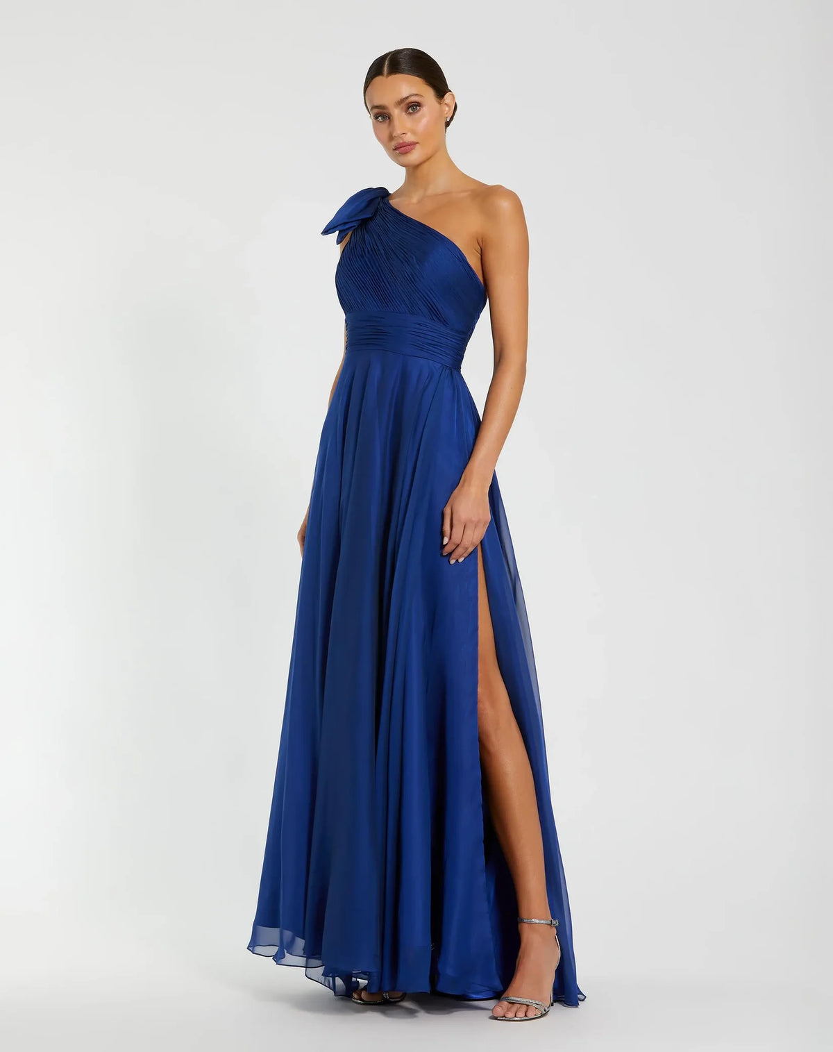 Mac Duggal #67476 Dark Blue Sleeveless One Shoulder Pleated Gown