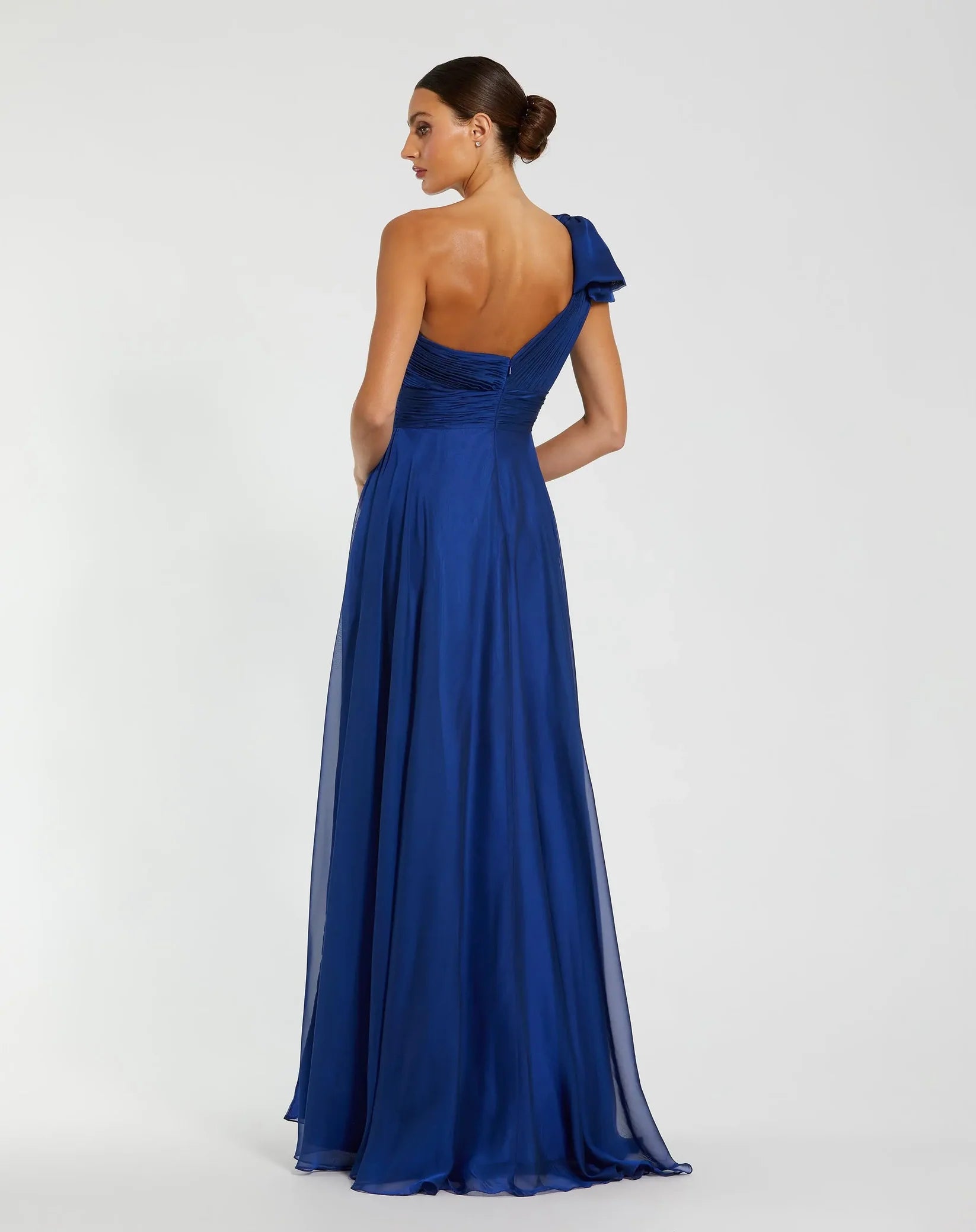 Mac Duggal #67476 Dark Blue Sleeveless One Shoulder Pleated Gown back view