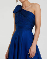 Mac Duggal #67476 Dark Blue Sleeveless One Shoulder Pleated Gown close up