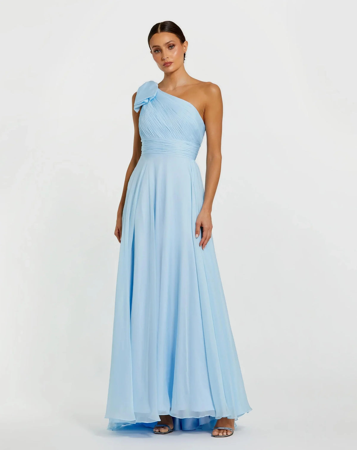 Mac Duggal #67476 Blue One Shoulder Pleated Evening Gown with Bow