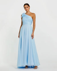 Mac Duggal #67476 Blue One Shoulder Pleated Evening Gown with Bow